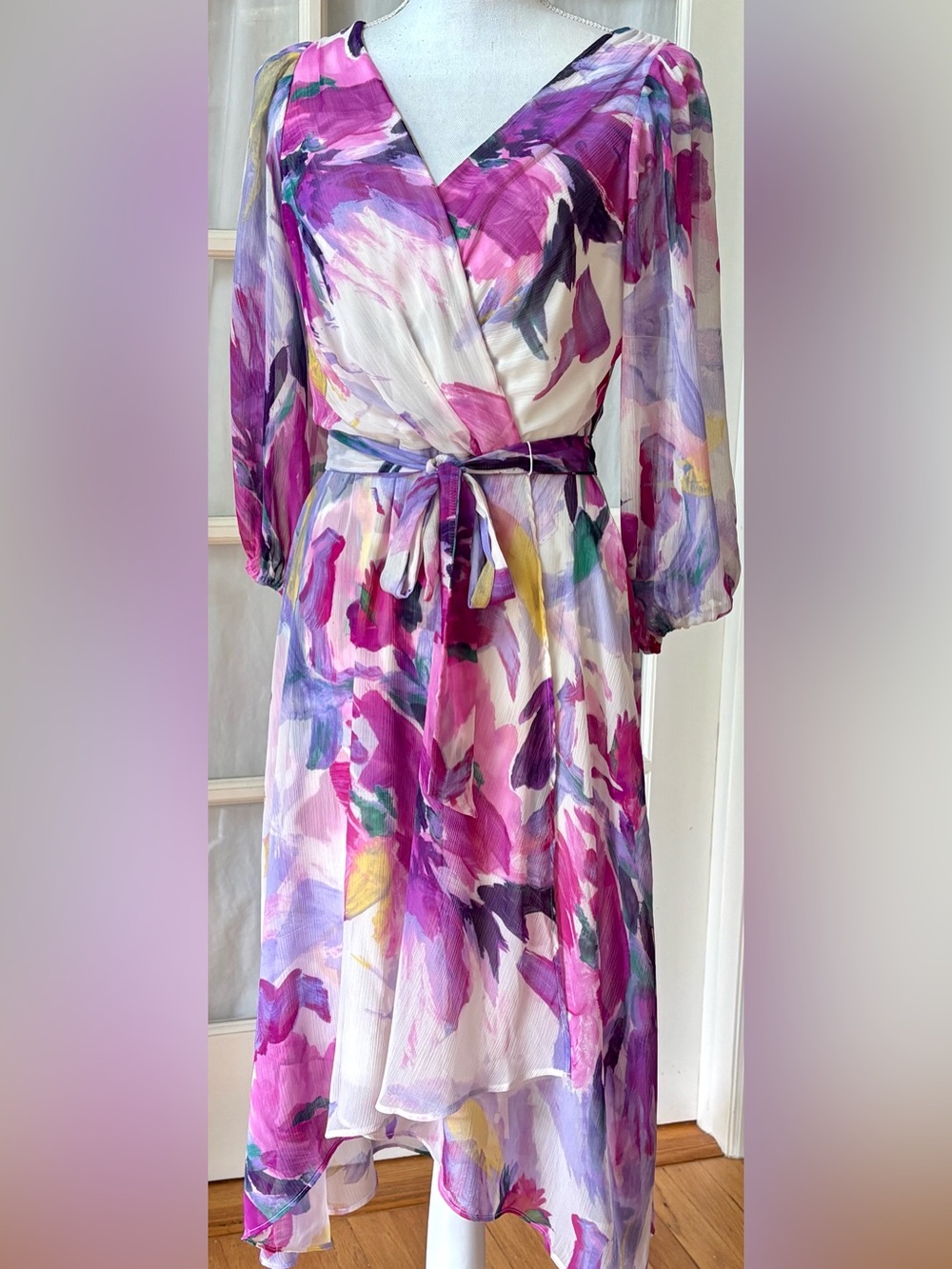 DKNY Watercolor Floral Chiffon Midi Dress Asymmetrical Hem US 8